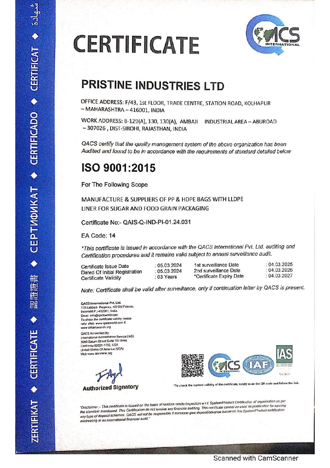 Pristien Ind. ISO Certificates Till March-2027
